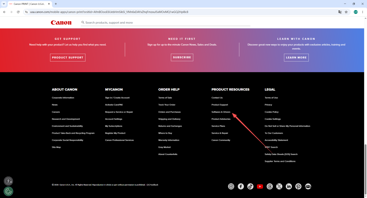 Canon official support website — software and drivers download page