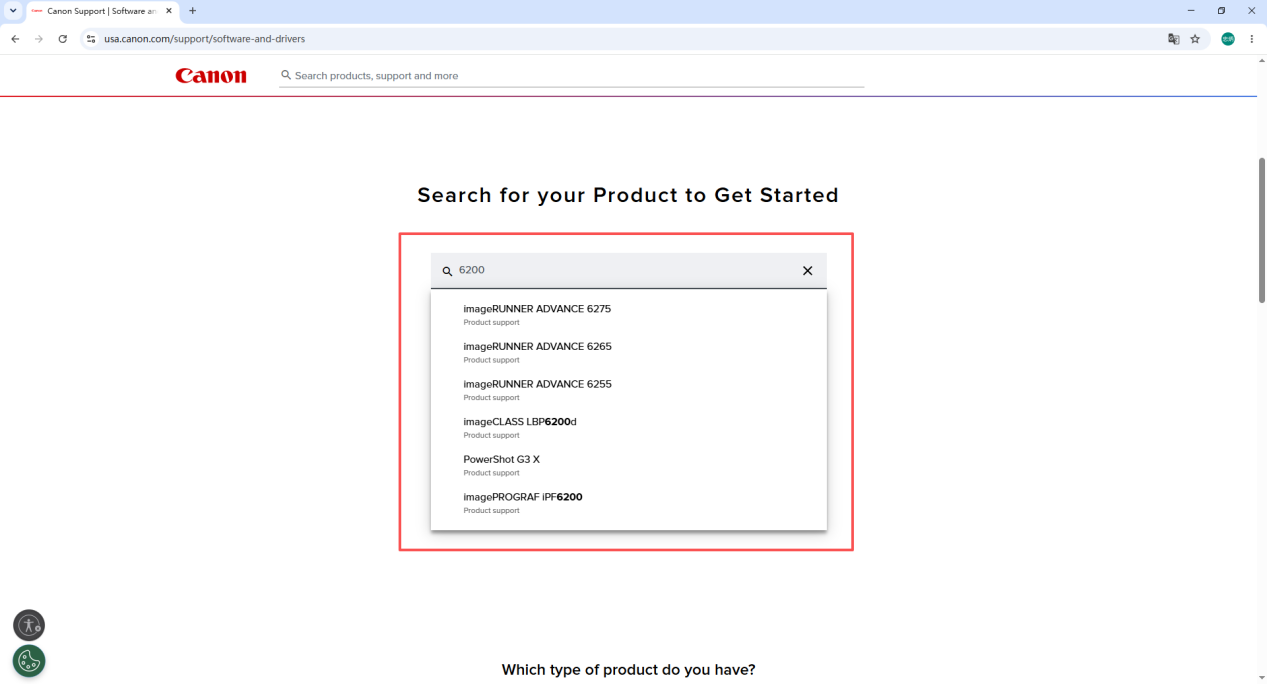 Canon support search — entering the printer model number to find the correct product page