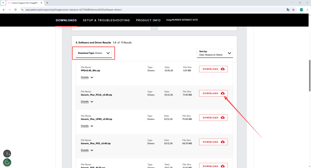 Canon driver download page — selecting the driver type and clicking Download