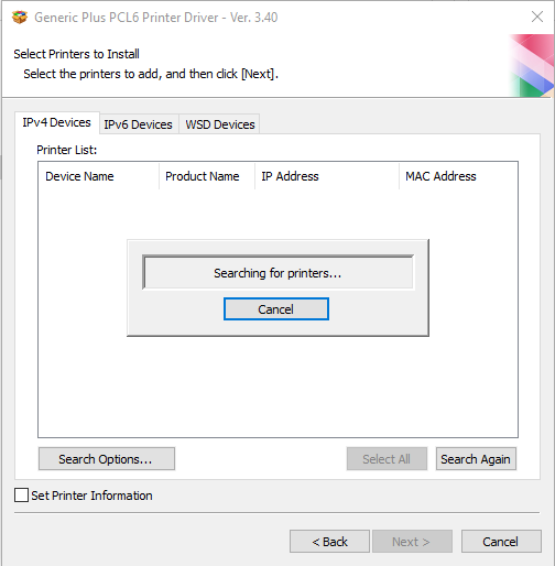 Canon installer — setup wizard detecting the printer and completing installation