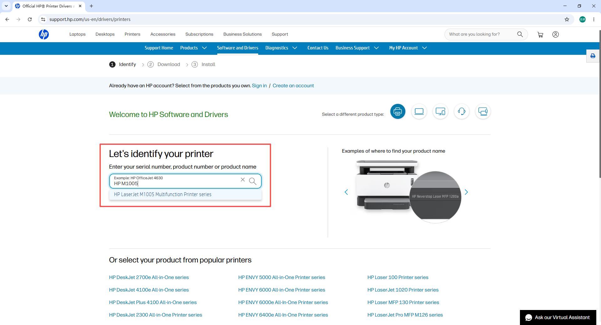 HP support search — entering HP LaserJet M1005 to find the product page
