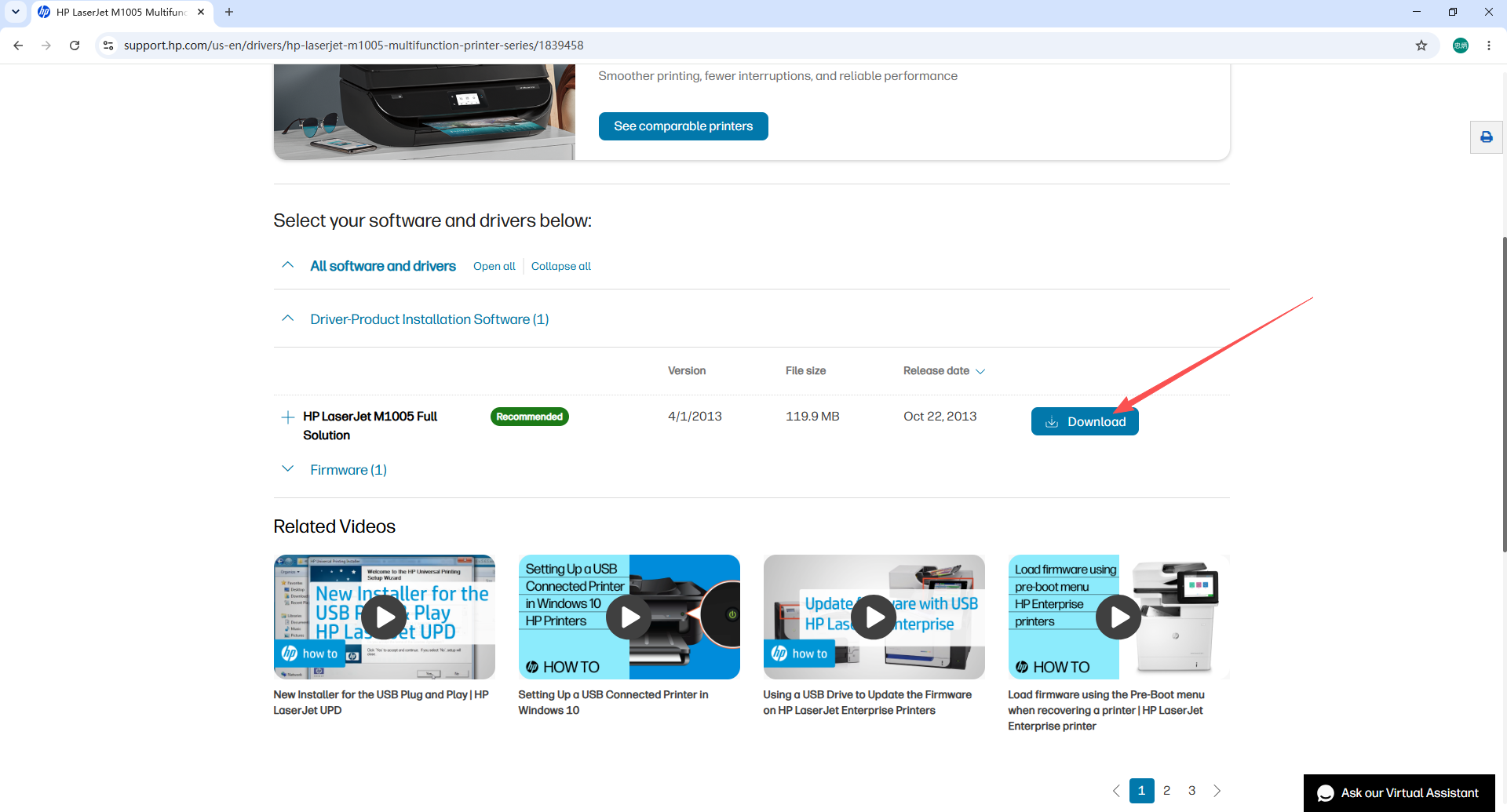 HP driver download page — selecting and downloading the correct driver version