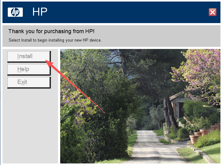 HP M1005 setup wizard — clicking Install to start the driver installation