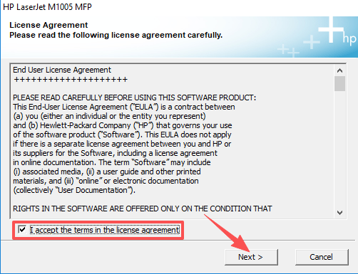 HP M1005 installer — accepting the license agreement and clicking Next