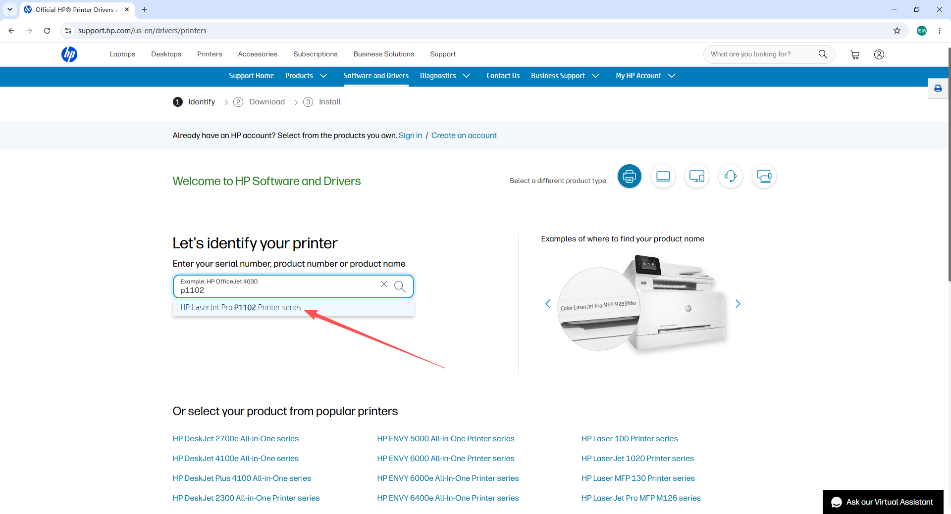 HP support search — entering P1102 to find the HP LaserJet Pro P1102 product page