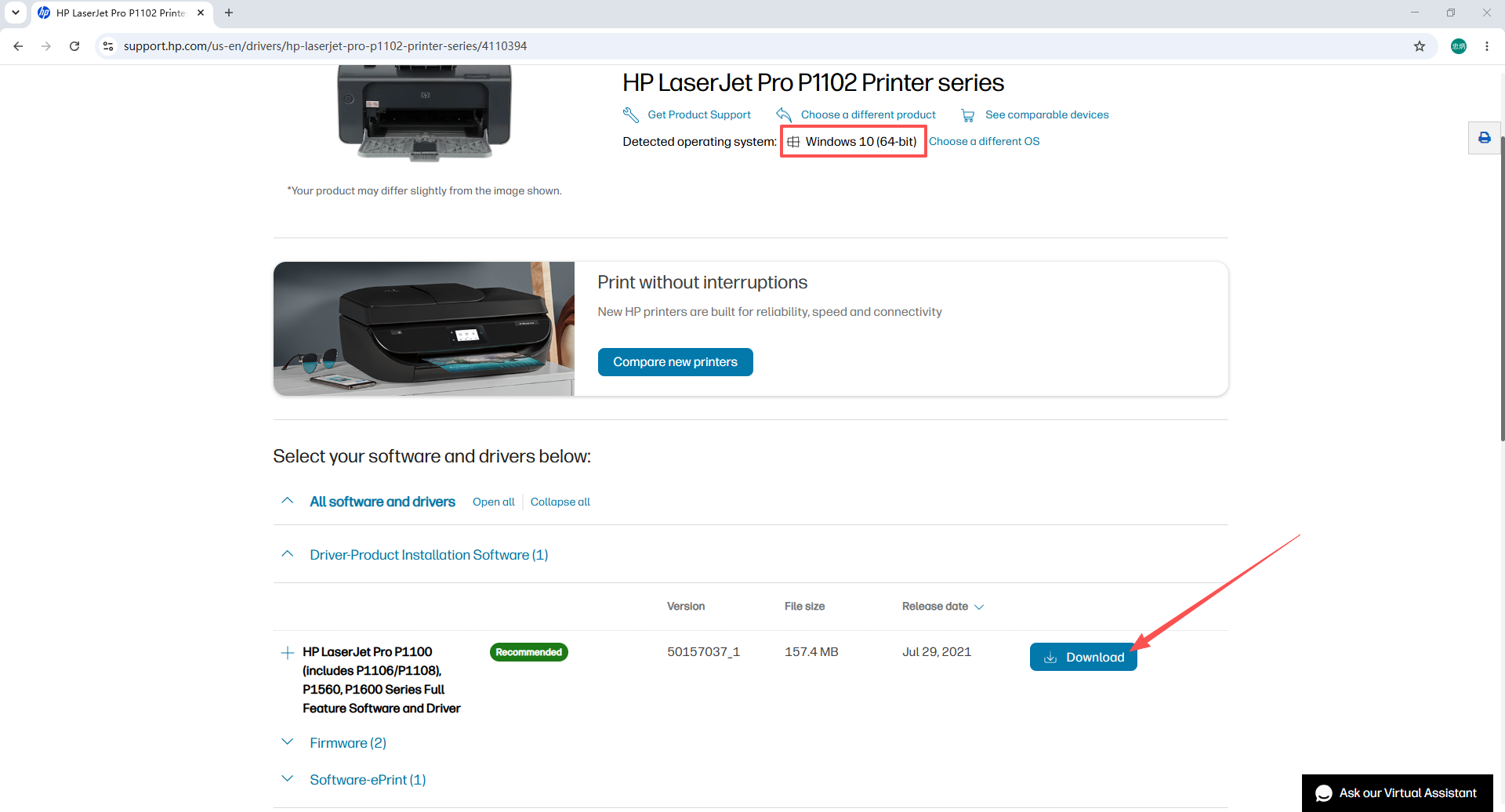 HP driver download page — confirming OS detection and downloading the P1102 driver