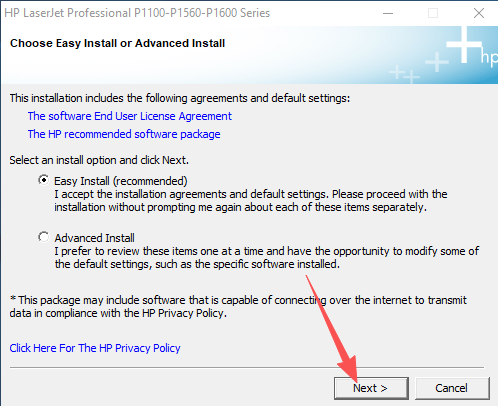 HP P1102 setup wizard — selecting the installation method