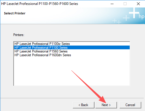 HP P1102 installer — selecting the printer model from the list