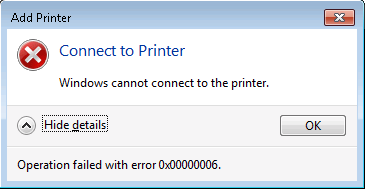 Windows error dialog showing error 0x00000006 — The handle is invalid