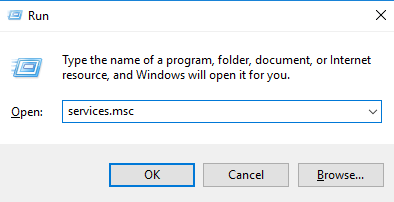 Services window — opening services.msc via Run dialog