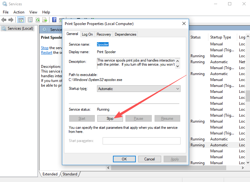 Services window — stopping the Print Spooler service