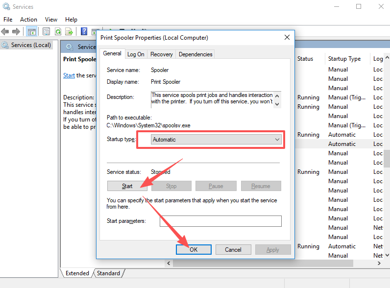 Services window — starting Print Spooler and setting it to Automatic