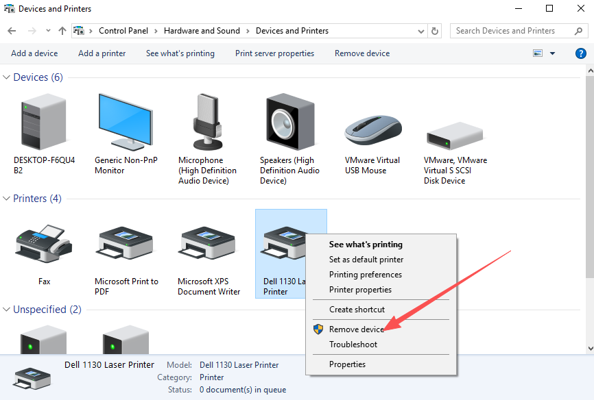 Control Panel — removing failed printer entries from Devices and Printers