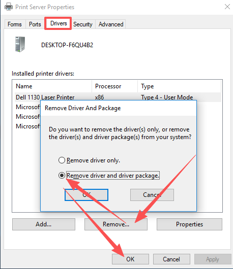 Print Server Properties — removing the printer driver package