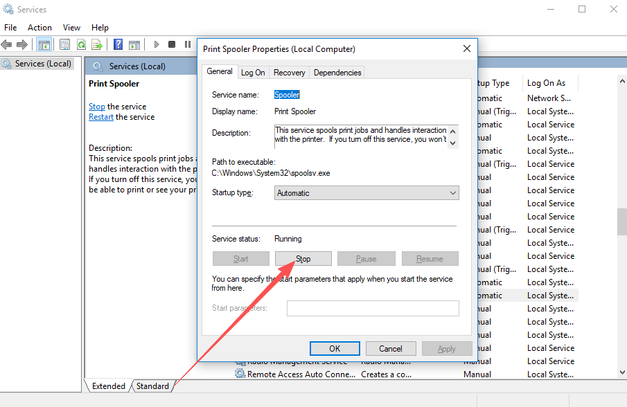 Services window — stopping the Print Spooler service