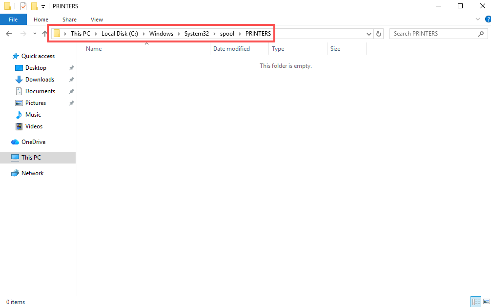 File Explorer — clearing all files in the PRINTERS spool folder