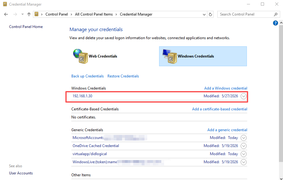 Credential Manager — clearing stale network credentials on the client PC