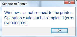 Windows error dialog showing error 0x00000035 — The network path was not found