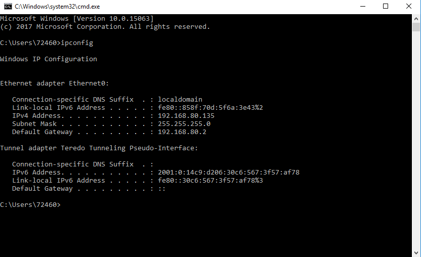 Command Prompt — running ipconfig and ping to verify connectivity