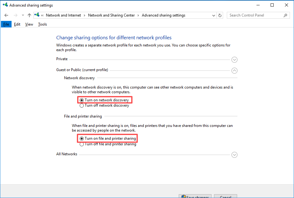 Advanced sharing settings — enabling network discovery and file and printer sharing