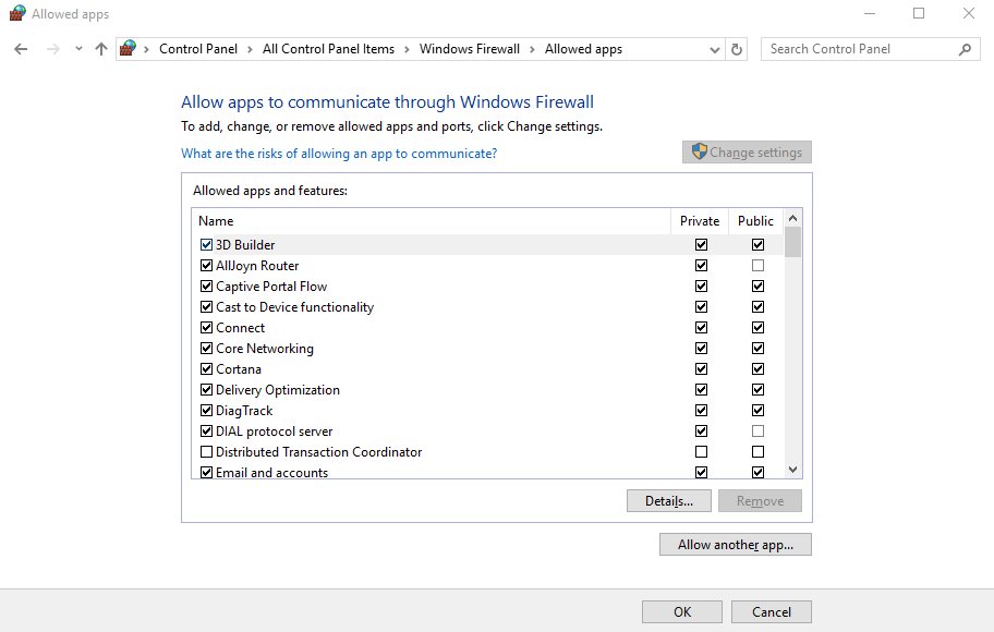 Windows Firewall — allowing File and Printer Sharing
