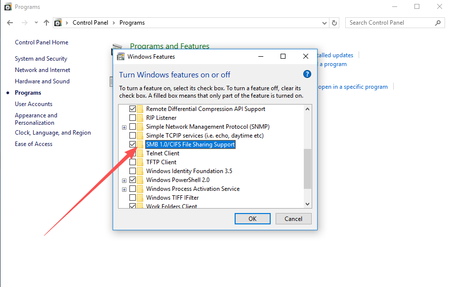 Network adapter properties and Windows features — enabling SMB 1.0/CIFS