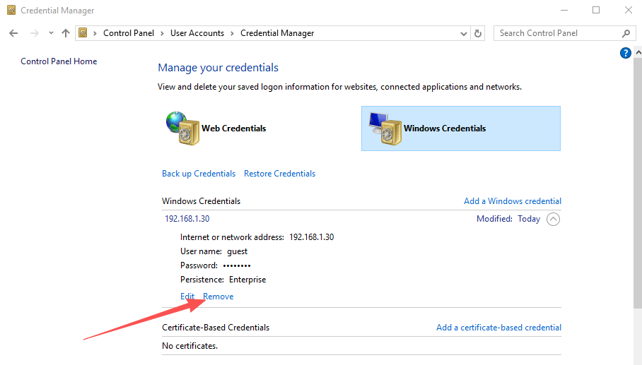 Credential Manager — removing stale Windows credentials for the host PC