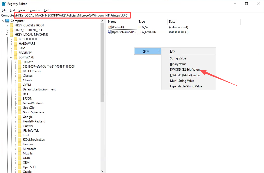Registry Editor — creating a new DWORD value under the RPC key