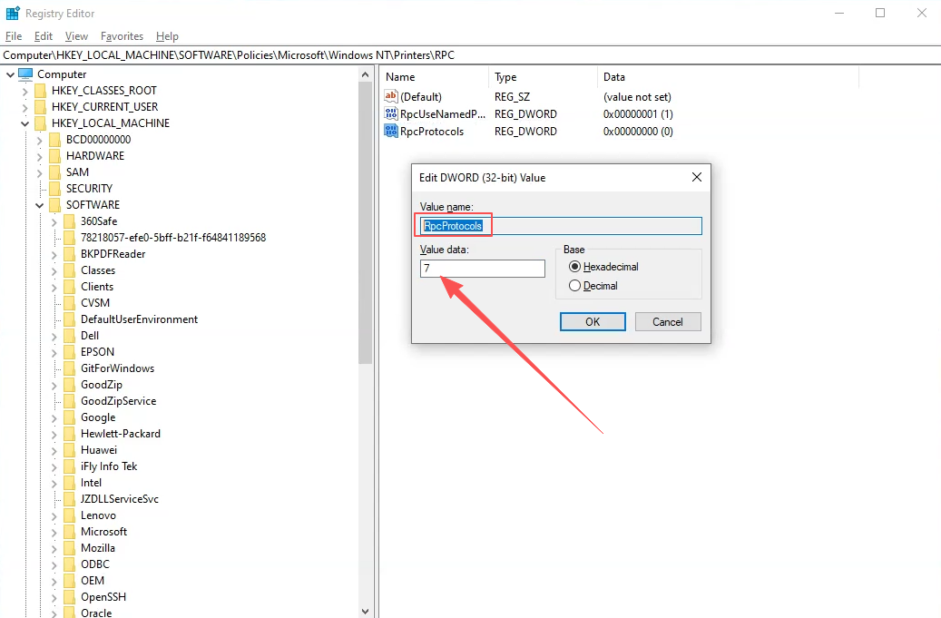 Registry Editor — RpcProtocols set to 7
