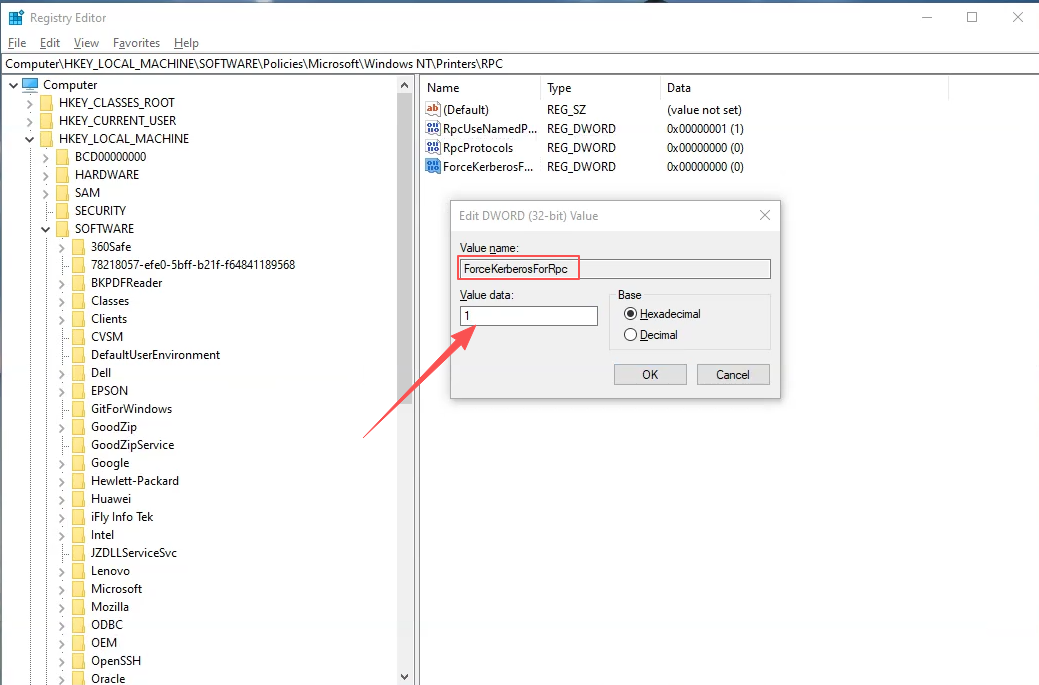 Registry Editor — ForceKerberosForRpc set to 1