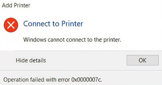 Windows error dialog showing error 0x0000007c — The operation could not be completed