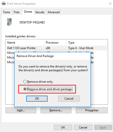 Print Server Properties — removing the driver and driver package completely