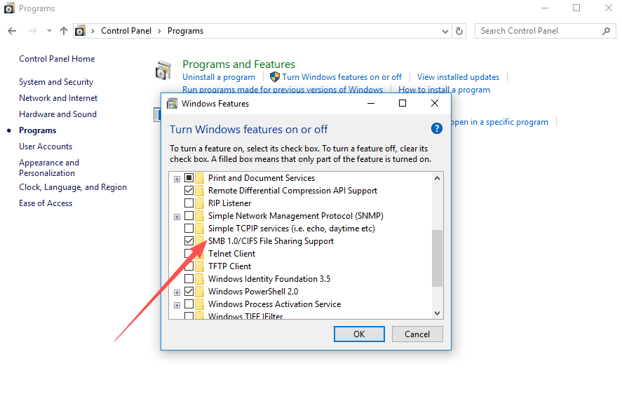 Windows Features — enabling SMB 1.0/CIFS File Sharing Support