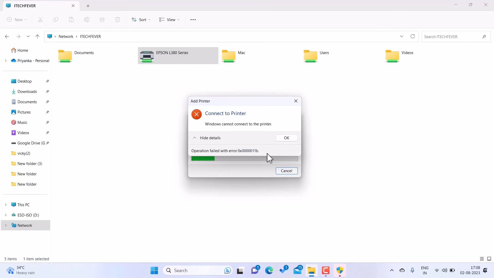 Windows error dialog showing operation failed with error 0x0000011b
