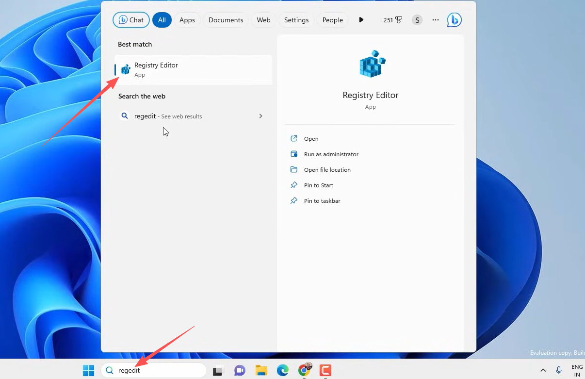 Search for regedit in the Windows Start menu