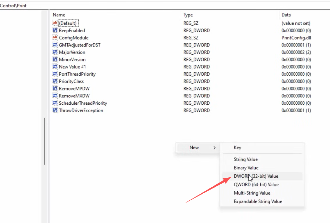Right-click menu to create a new DWORD (32-bit) value