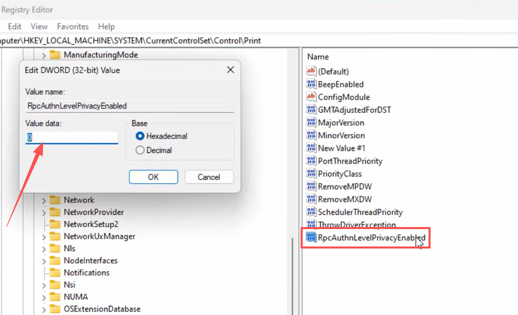 Setting RpcAuthnLevelPrivacyEnabled to 0 in the Edit DWORD dialog