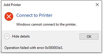 Windows error dialog showing error 0x000003e3 when connecting to a shared printer