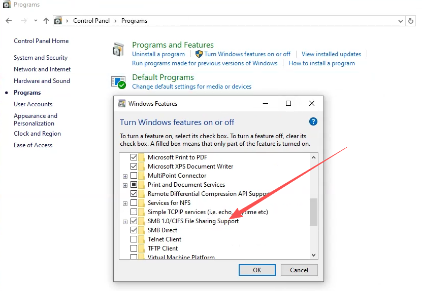 Enable SMB 1.0/CIFS File Sharing Support in Windows Features