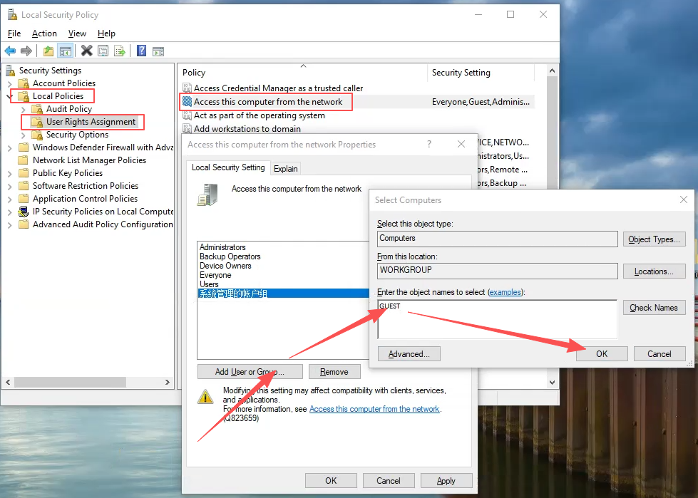Local Security Policy — User Rights Assignment settings