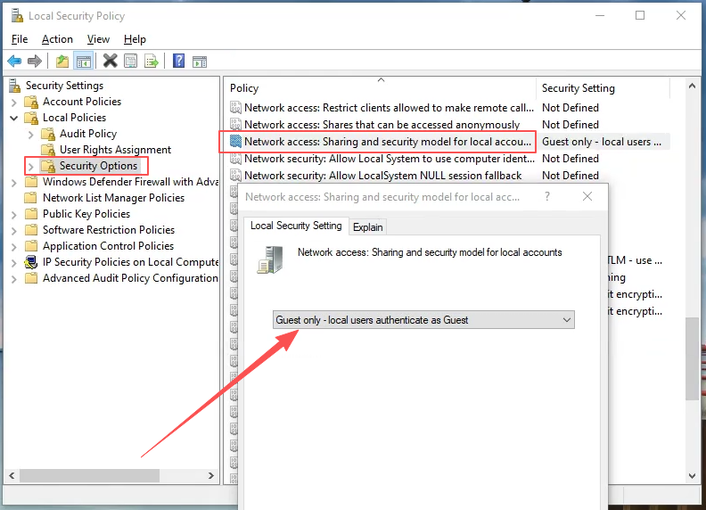 Local Security Policy — Network access sharing model set to Guest only