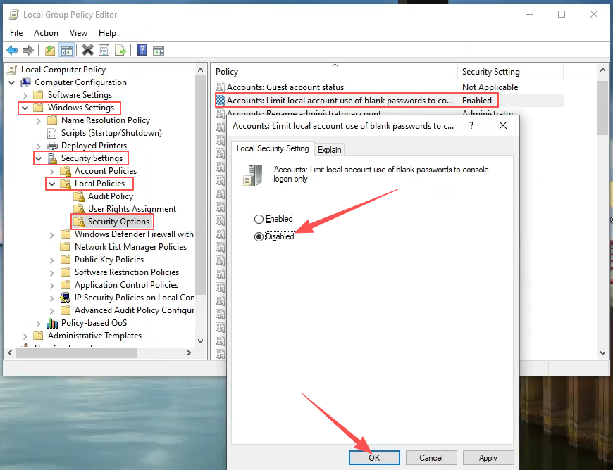 Group Policy — Disable blank password console-only logon restriction