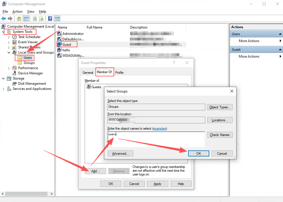 Computer Management — adding Guest to the Users group