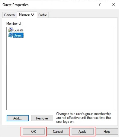 Guest Properties — Member Of tab showing Users group added