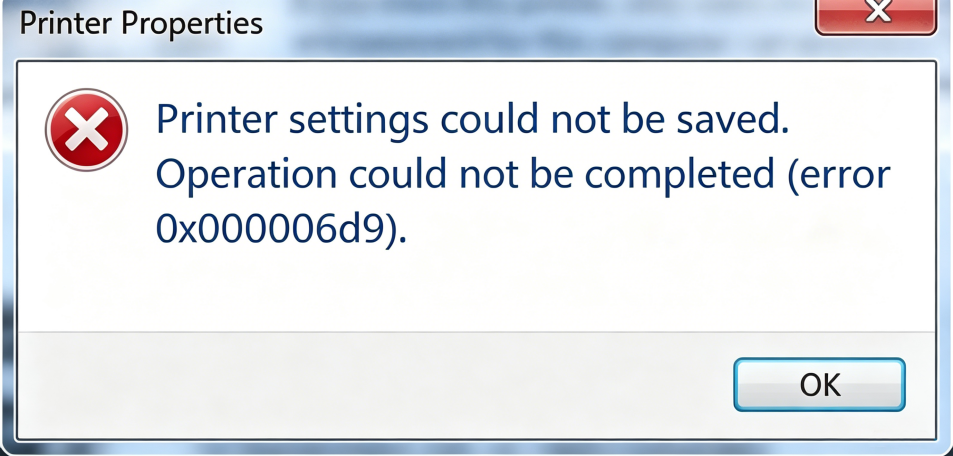 Windows error dialog showing error 0x000006d9 — Cannot save printer settings, operation could not be completed