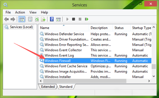 Services window — locating the Windows Firewall service