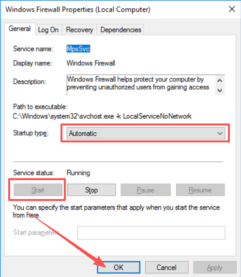 Windows Firewall service properties — setting Startup type to Automatic and starting the service