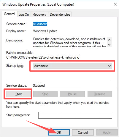 Windows Update service properties — setting to Automatic and starting