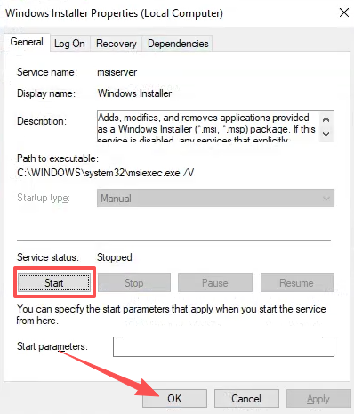 Windows Installer service properties — setting to Automatic and starting