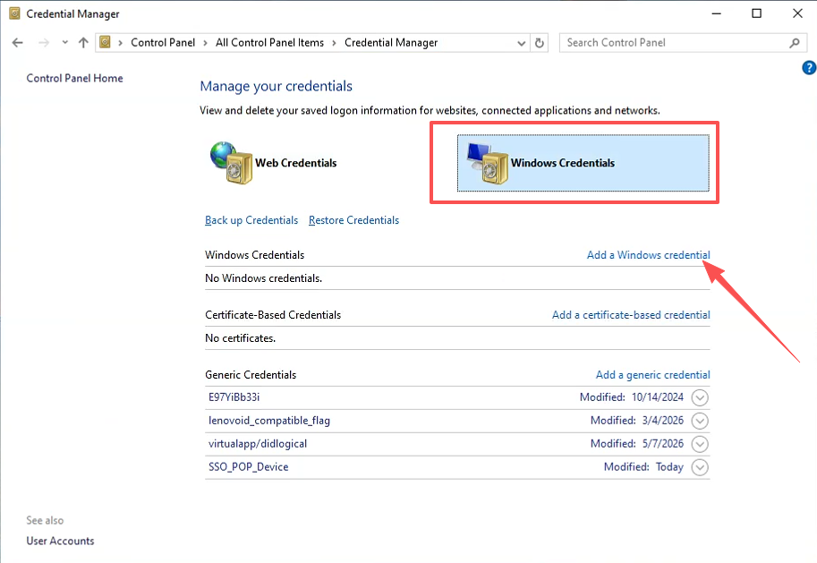 Credential Manager — Add a Windows credential